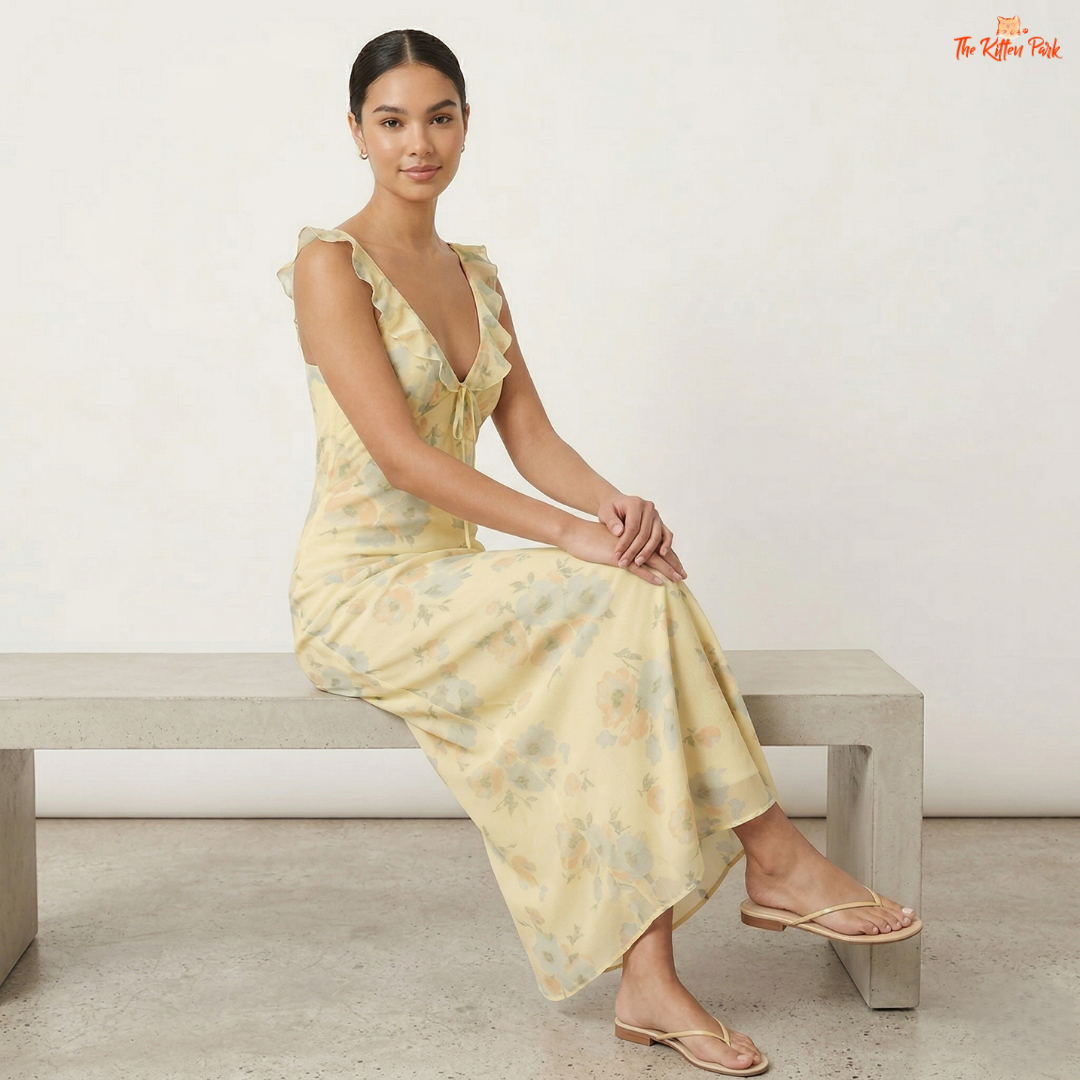 Floral plunge maxi dress with deep V-neck, backless design, ruffle details, and slim coquette summer silhouette.