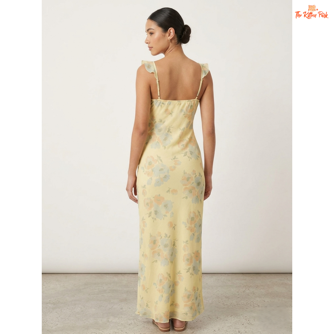 Floral plunge maxi dress with deep V-neck, backless design, ruffle details, and slim coquette summer silhouette.