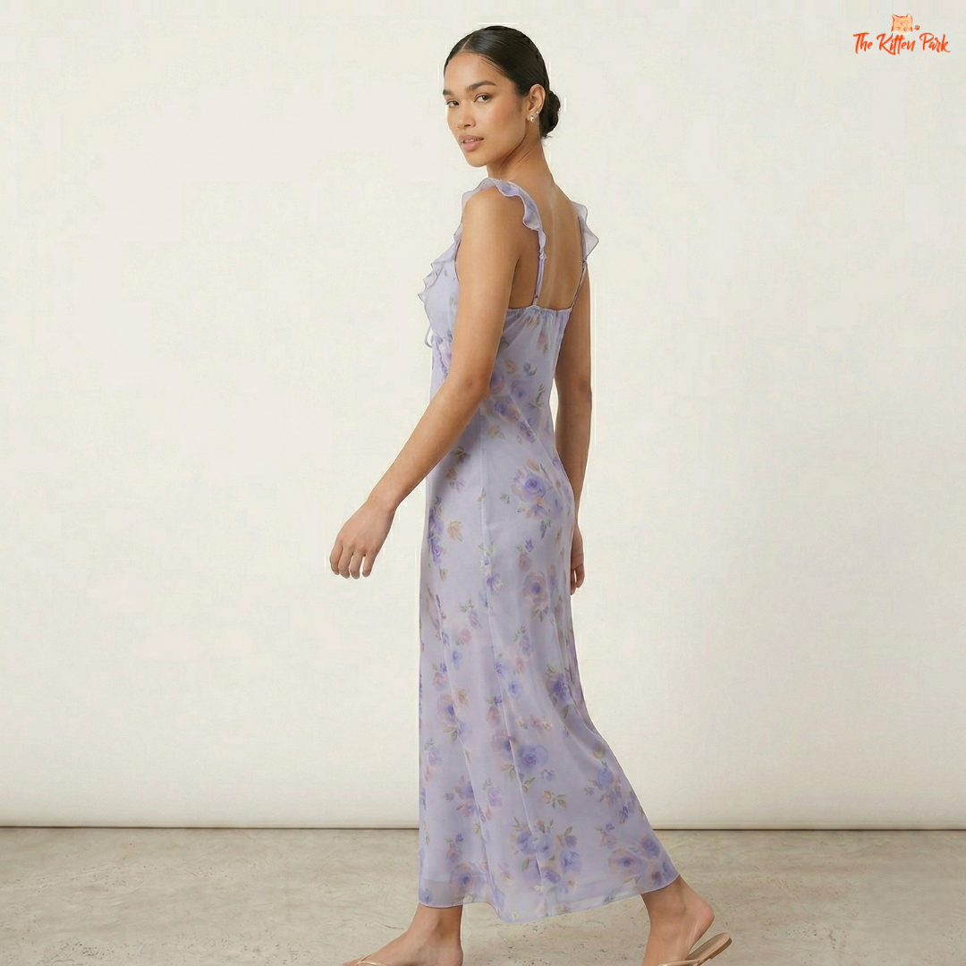 Floral plunge maxi dress with deep V-neck, backless design, ruffle details, and slim coquette summer silhouette.