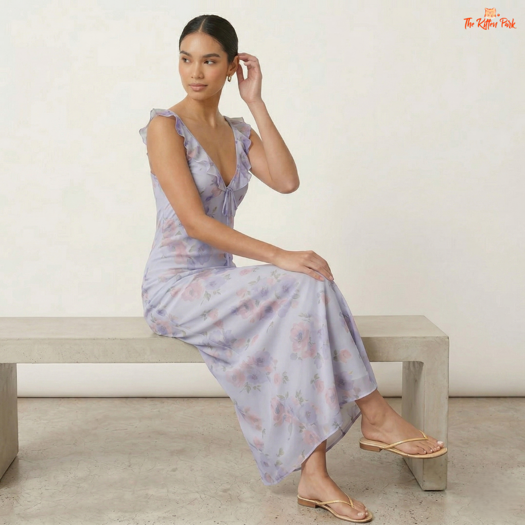 Floral plunge maxi dress with deep V-neck, backless design, ruffle details, and slim coquette summer silhouette.