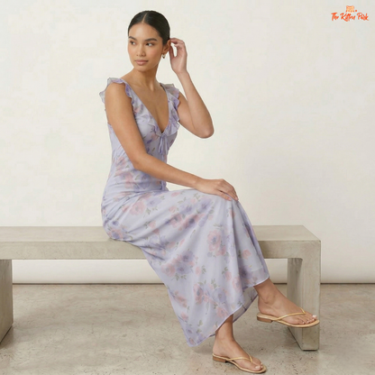 Floral plunge maxi dress with deep V-neck, backless design, ruffle details, and slim coquette summer silhouette.