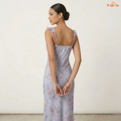 Floral plunge maxi dress with deep V-neck, backless design, ruffle details, and slim coquette summer silhouette.