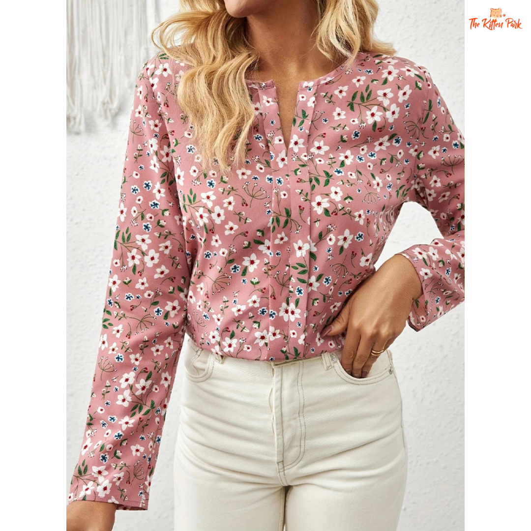 Floral V-Neck Pleated Detail Shirt for Women in polyester chiffon with geometric floral pattern for casual spring and summer wear.