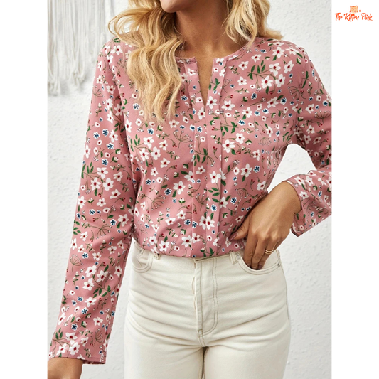 Floral V-Neck Pleated Detail Shirt for Women in polyester chiffon with geometric floral pattern for casual spring and summer wear.