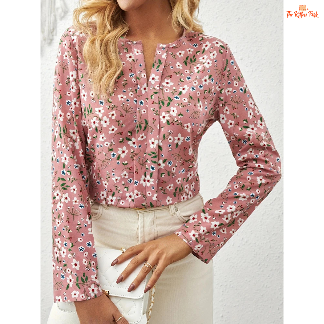 Floral V-Neck Pleated Detail Shirt for Women in polyester chiffon with geometric floral pattern for casual spring and summer wear.