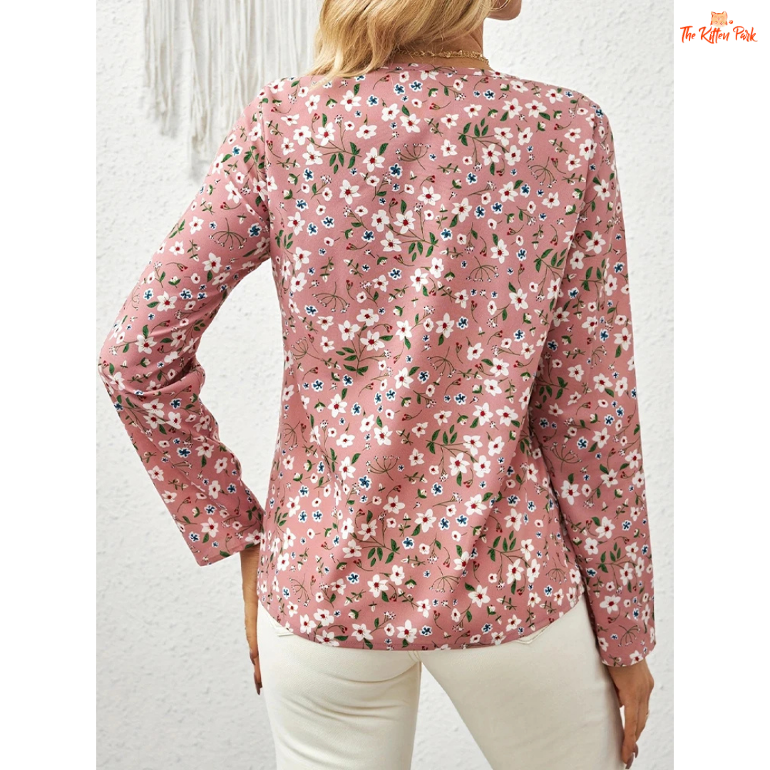 Floral V-Neck Pleated Detail Shirt for Women in polyester chiffon with geometric floral pattern for casual spring and summer wear.