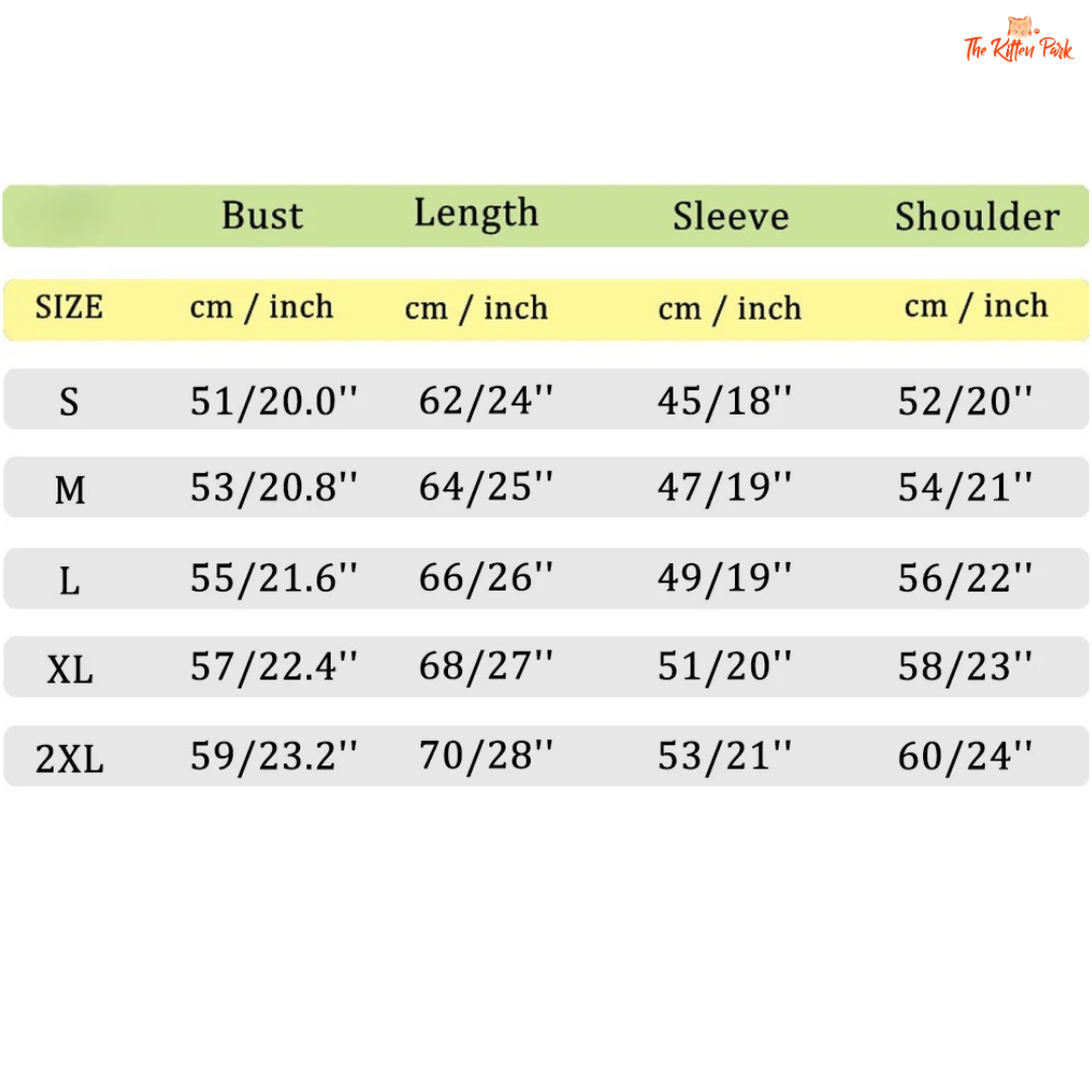 Size chart for clothing with measurements in centimeters and inches.