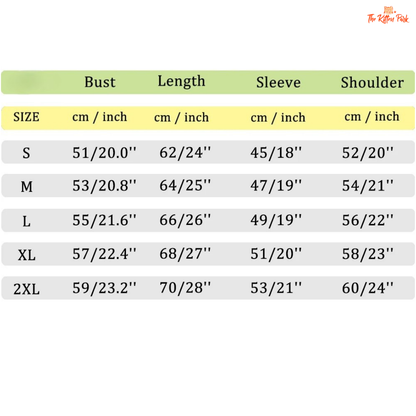 Size chart for clothing with measurements in centimeters and inches.