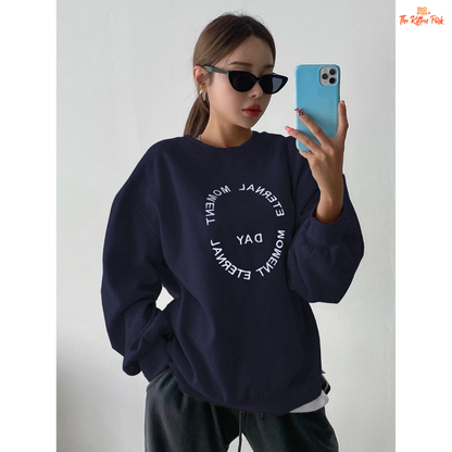 Funny Letter Print Oversized Sweatshirt — women’s casual pullover with fleece liner, O-neck, bold letter design, oversized straight fit for autumn and winter.