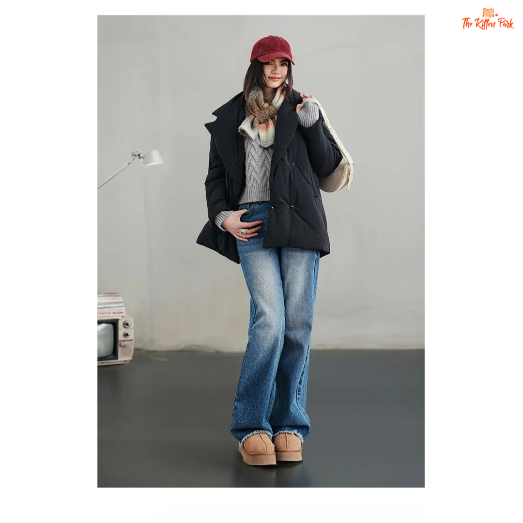 A black cotton-padded puffer coat for women with a collared design, thick warmth, covered button full opening, polyester fiber filling, and regular loose streetwear fit.