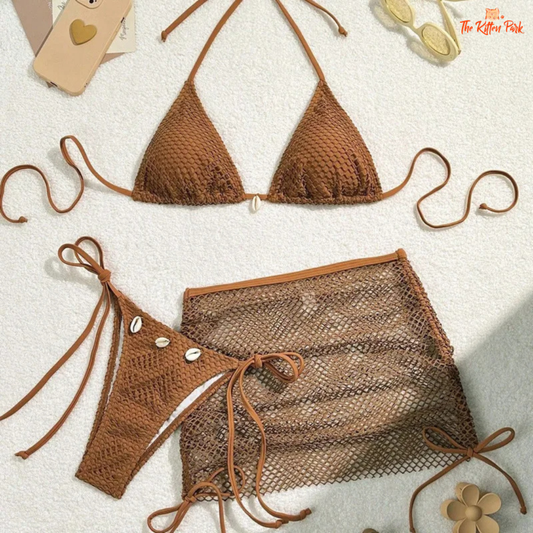 Sexy net 3-piece Brazilian bikini set with hollow details and triangle neckline, perfect for summer holidays and beachside fun.
