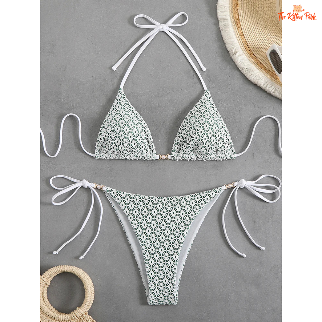 Sexy micro bikini set for women featuring lace-up straps, Brazilian thong design, chain details, solid and patchwork pattern, wire-free support.