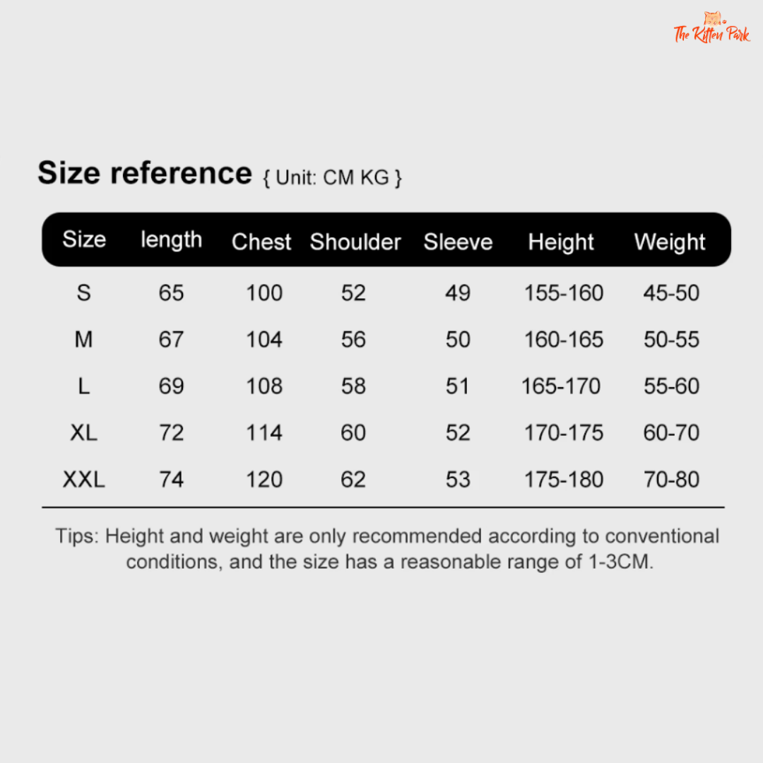 Size reference chart for clothing with measurements in centimeters and kilograms.