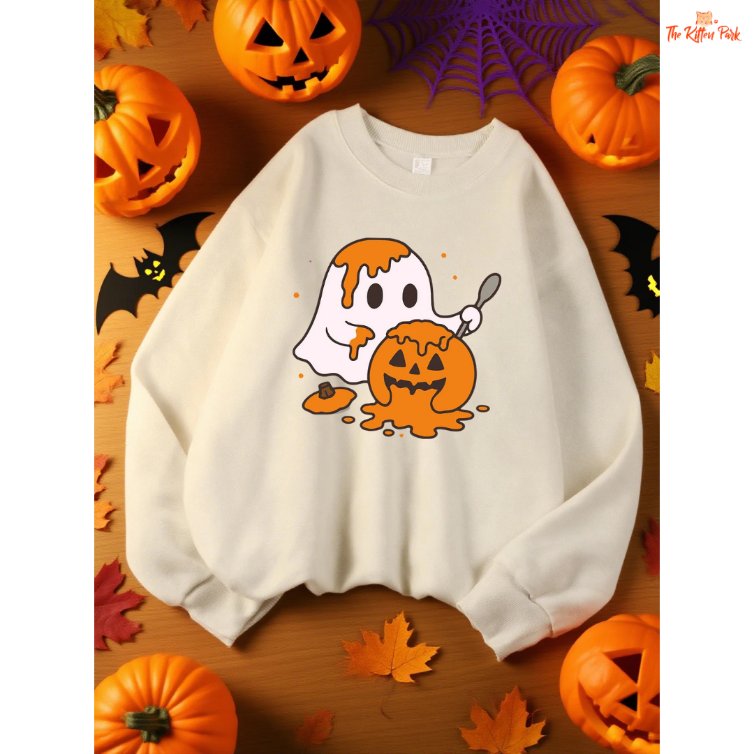 Ghost Pumpkin Sweatshirt – Y2K Casual Autumn Pullover with cartoon pumpkin and ghost design, fleece warmth, and regular fit for autumn/winter.