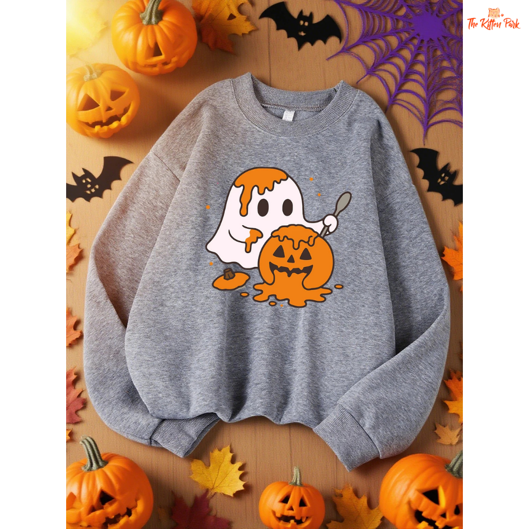 Ghost Pumpkin Sweatshirt – Y2K Casual Autumn Pullover with cartoon pumpkin and ghost design, fleece warmth, and regular fit for autumn/winter.