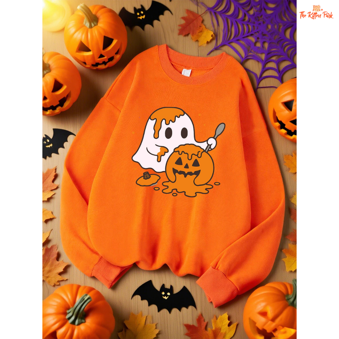 Ghost Pumpkin Sweatshirt – Y2K Casual Autumn Pullover with cartoon pumpkin and ghost design, fleece warmth, and regular fit for autumn/winter.