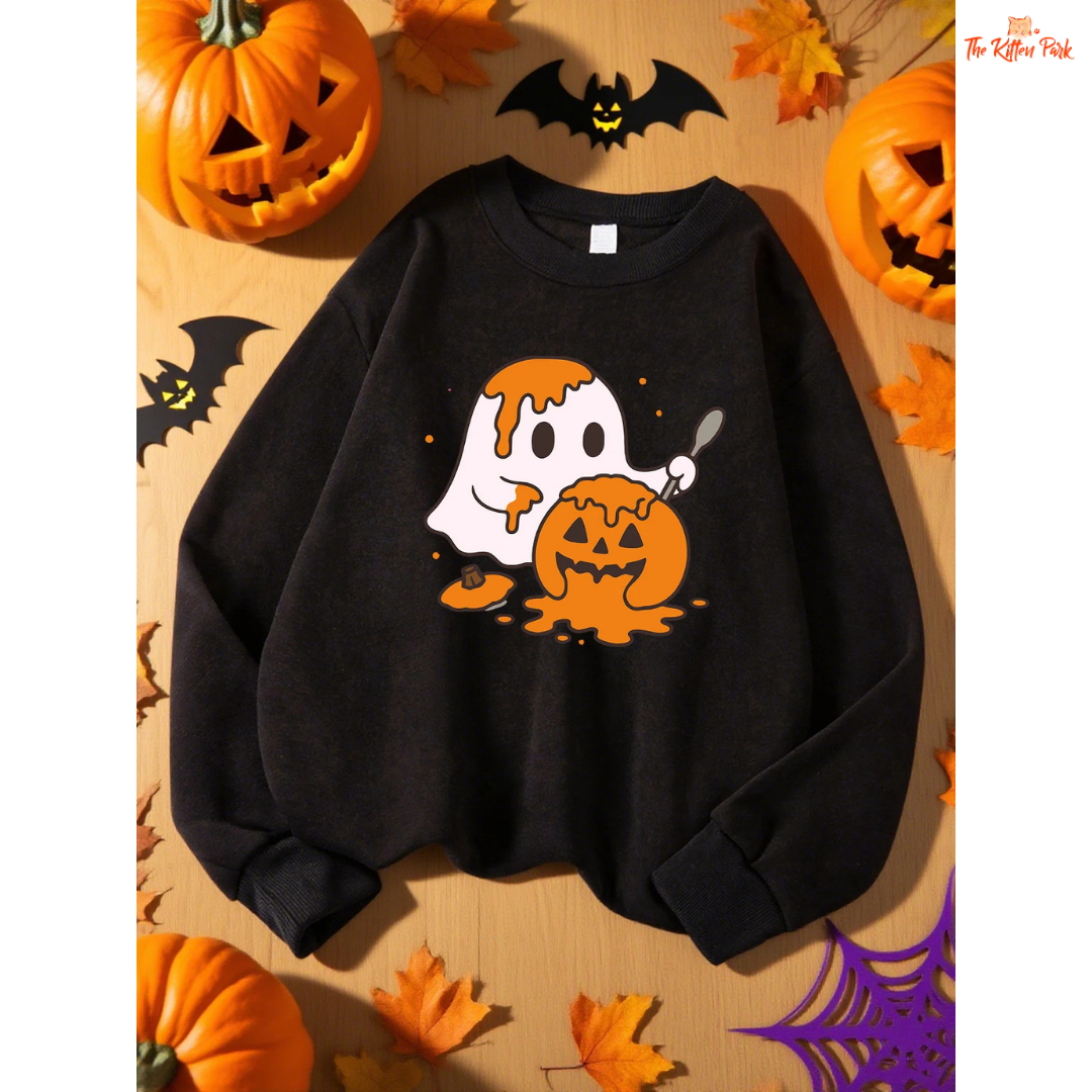Ghost Pumpkin Sweatshirt – Y2K Casual Autumn Pullover with cartoon pumpkin and ghost design, fleece warmth, and regular fit for autumn/winter.