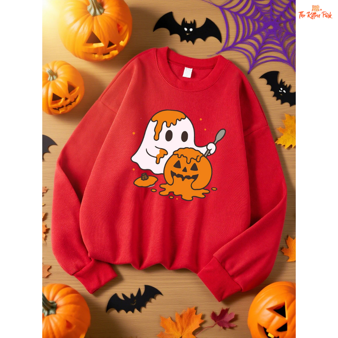 Ghost Pumpkin Sweatshirt – Y2K Casual Autumn Pullover with cartoon pumpkin and ghost design, fleece warmth, and regular fit for autumn/winter.