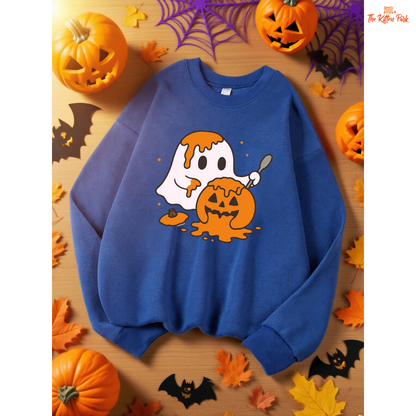 Ghost Pumpkin Sweatshirt – Y2K Casual Autumn Pullover with cartoon pumpkin and ghost design, fleece warmth, and regular fit for autumn/winter.