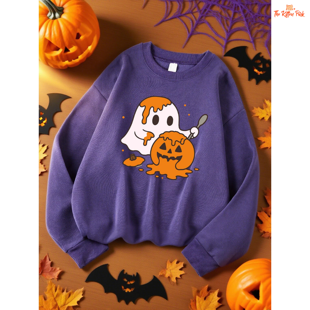 Ghost Pumpkin Sweatshirt – Y2K Casual Autumn Pullover with cartoon pumpkin and ghost design, fleece warmth, and regular fit for autumn/winter.