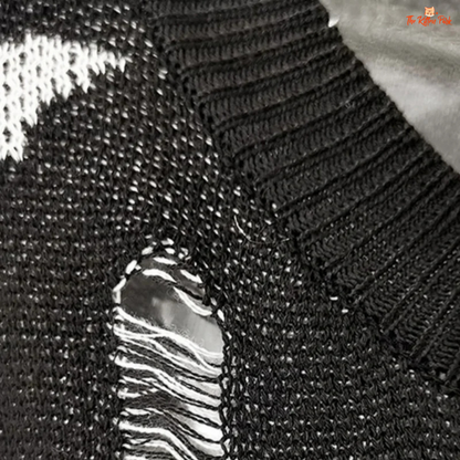 Gothic Bat Knit Sweater – Halloween Punk Loose Pullover in coarse knit acrylic with gothic bat design, long loose fit, and extra-heavy fabric for autumn/winter.