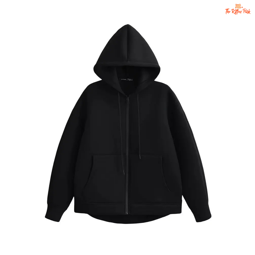 A gray hooded zipper jacket for women with soft polyester fabric, regular fit, full sleeves, pockets, and a casual office-ready design.