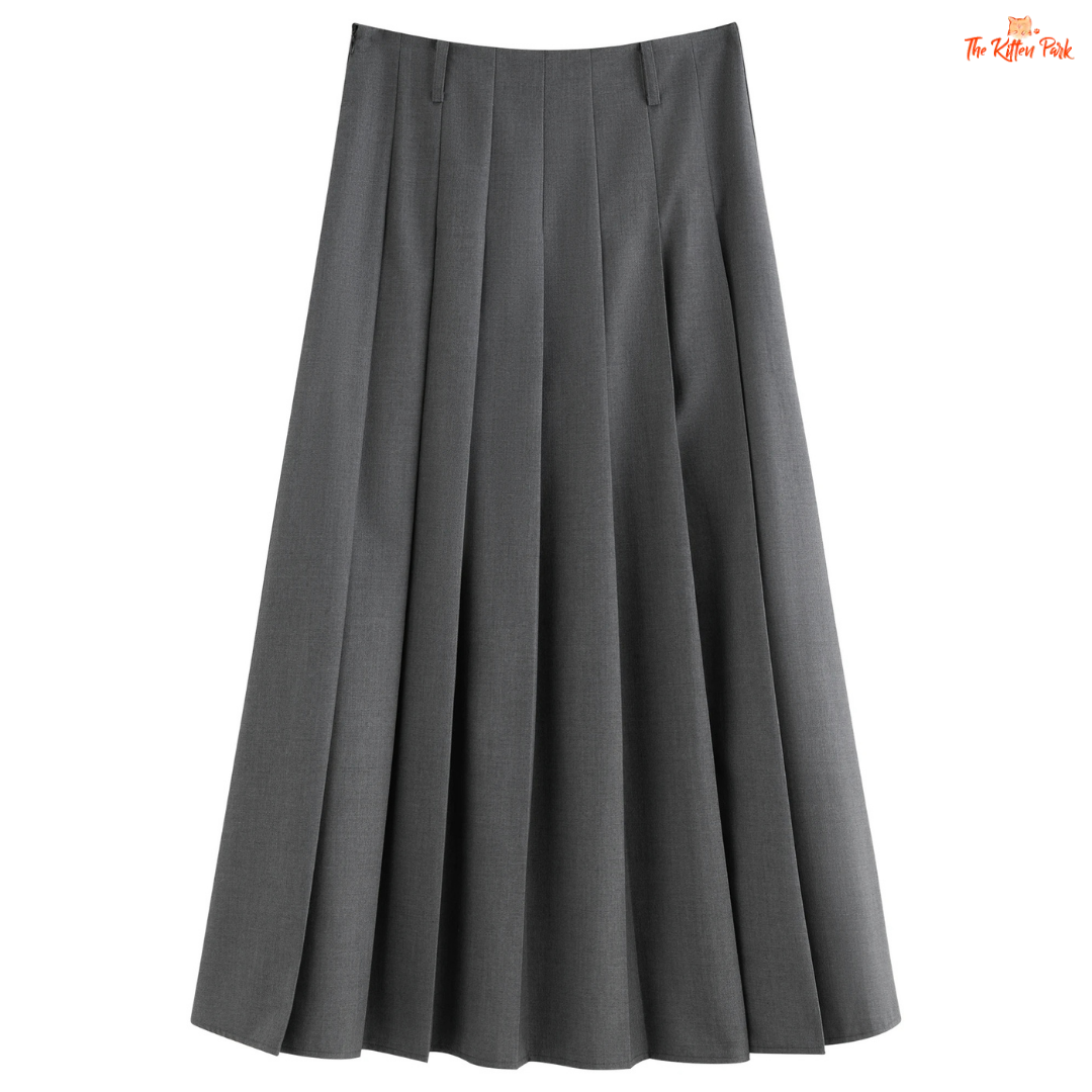 Gray Retro Pleated Skirt – Autumn 2026, ankle-length A-line silhouette with natural waist, polyester-viscose blend for casual elegance.