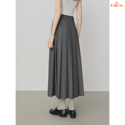 Gray Retro Pleated Skirt – Autumn 2026, ankle-length A-line silhouette with natural waist, polyester-viscose blend for casual elegance.