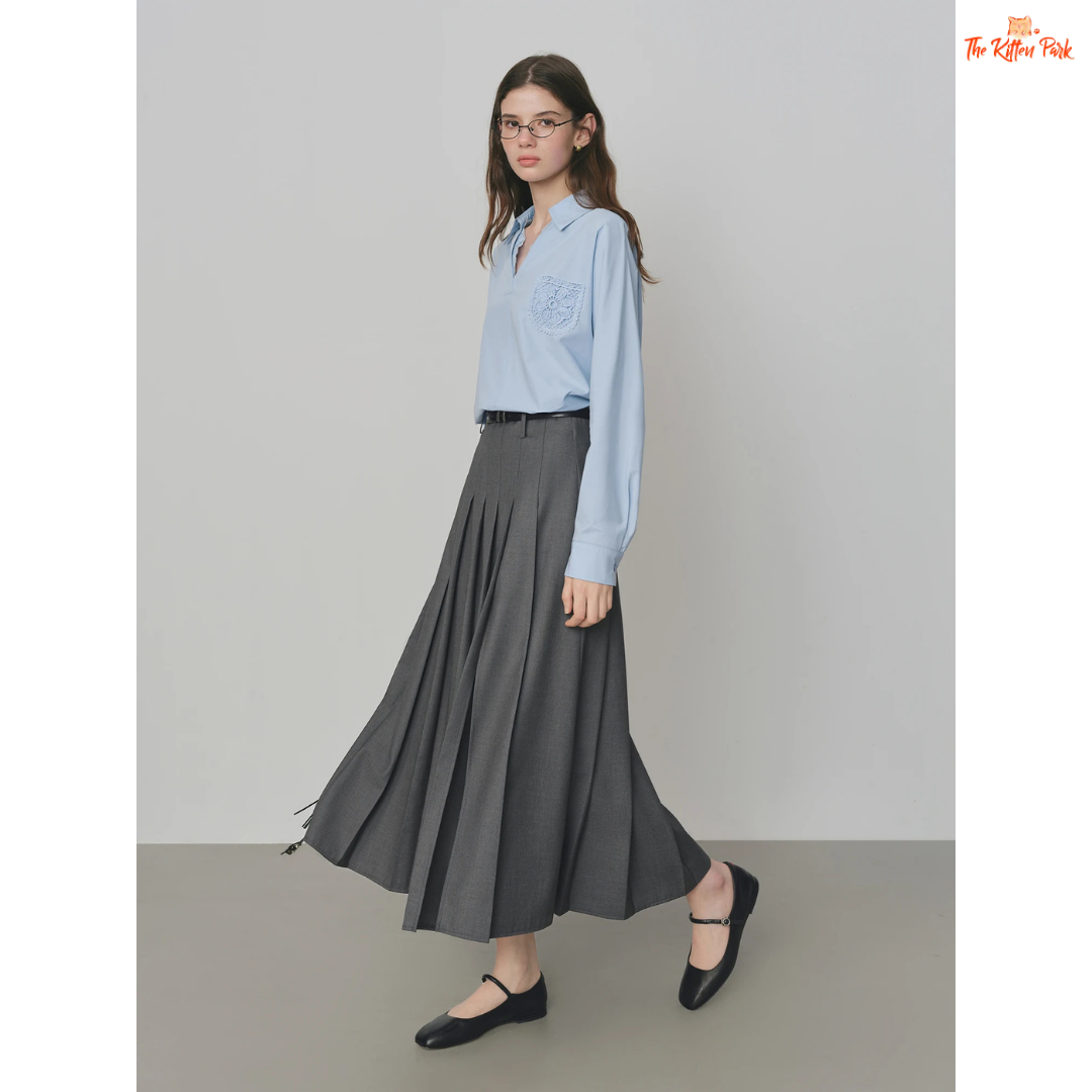 Gray Retro Pleated Skirt – Autumn 2026, ankle-length A-line silhouette with natural waist, polyester-viscose blend for casual elegance.