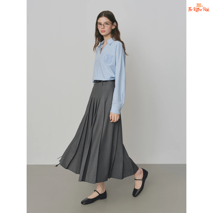 Gray Retro Pleated Skirt – Autumn 2026, ankle-length A-line silhouette with natural waist, polyester-viscose blend for casual elegance.