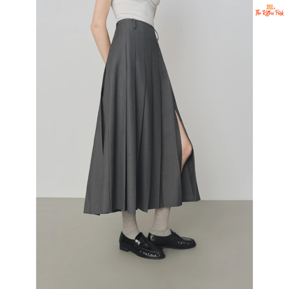 Gray Retro Pleated Skirt – Autumn 2026, ankle-length A-line silhouette with natural waist, polyester-viscose blend for casual elegance.