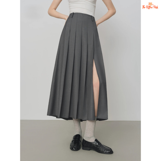 Gray Retro Pleated Skirt – Autumn 2026, ankle-length A-line silhouette with natural waist, polyester-viscose blend for casual elegance.