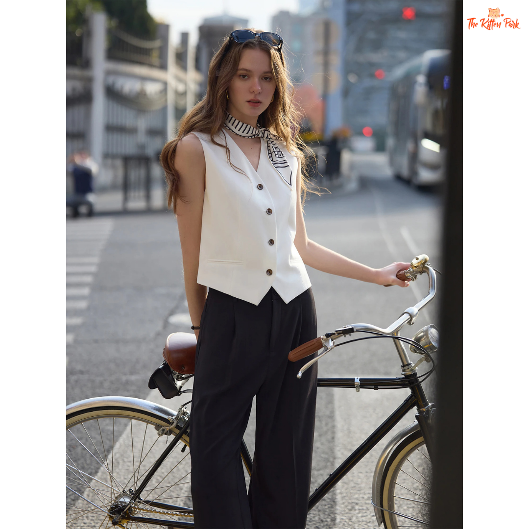 A women’s vintage linen two-piece set featuring a sleeveless tailored vest and wide-leg high-waist pants in a breathable beige summer style.