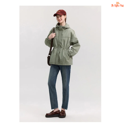 A women’s mid-length hooded denim jacket with loose fit, zipper full opening, waist-cinching detail, and cotton–polyester blend for spring and summer casual wear.