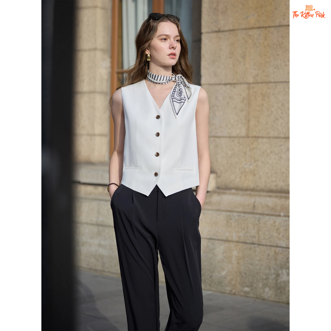 A women’s vintage linen two-piece set featuring a sleeveless tailored vest and wide-leg high-waist pants in a breathable beige summer style.