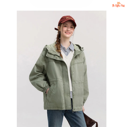 A women’s mid-length hooded denim jacket with loose fit, zipper full opening, waist-cinching detail, and cotton–polyester blend for spring and summer casual wear.