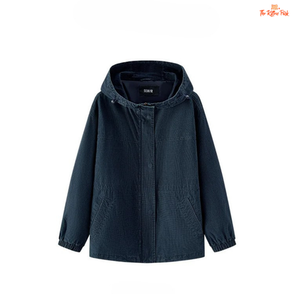 A women’s mid-length hooded denim jacket with loose fit, zipper full opening, waist-cinching detail, and cotton–polyester blend for spring and summer casual wear.