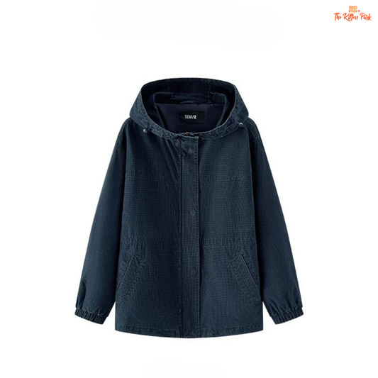 A women’s mid-length hooded denim jacket with loose fit, zipper full opening, waist-cinching detail, and cotton–polyester blend for spring and summer casual wear.