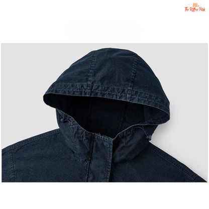 A women’s mid-length hooded denim jacket with loose fit, zipper full opening, waist-cinching detail, and cotton–polyester blend for spring and summer casual wear.