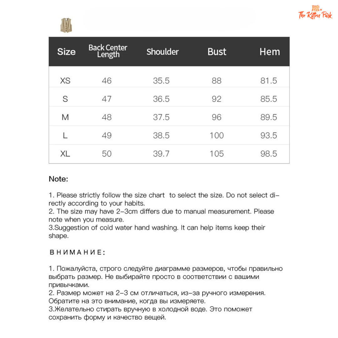 Size chart for clothing with measurements in centimeters