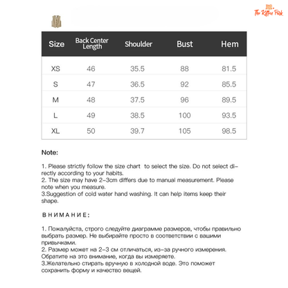 Size chart for clothing with measurements in centimeters