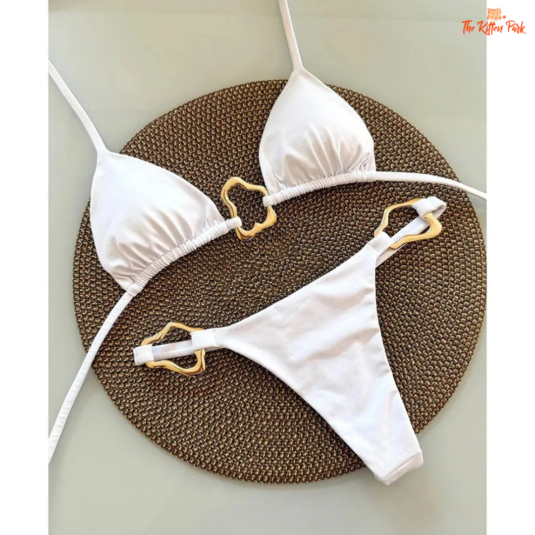 Solid color lace-up bikini set for women with wire-free support and modern split two-piece design.