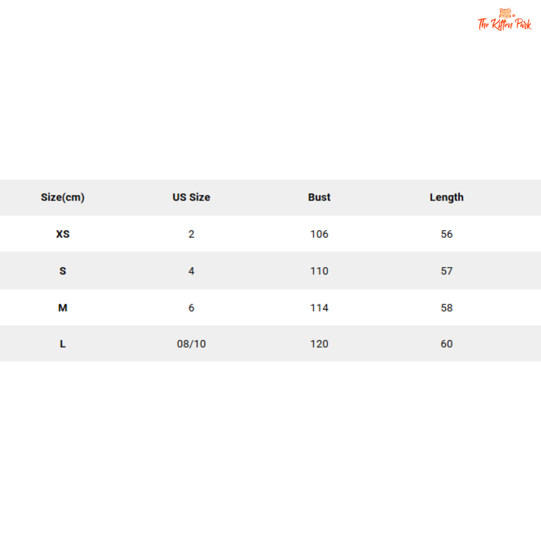 Size chart for clothing with US size, bust, and length measurements on a white background.