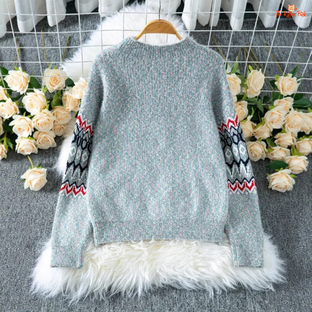 Gray half turtleneck pullover sweater for women, loose fit with heavyweight knit and elegant office lady style.