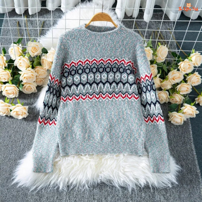 Gray half turtleneck pullover sweater for women, loose fit with heavyweight knit and elegant office lady style.