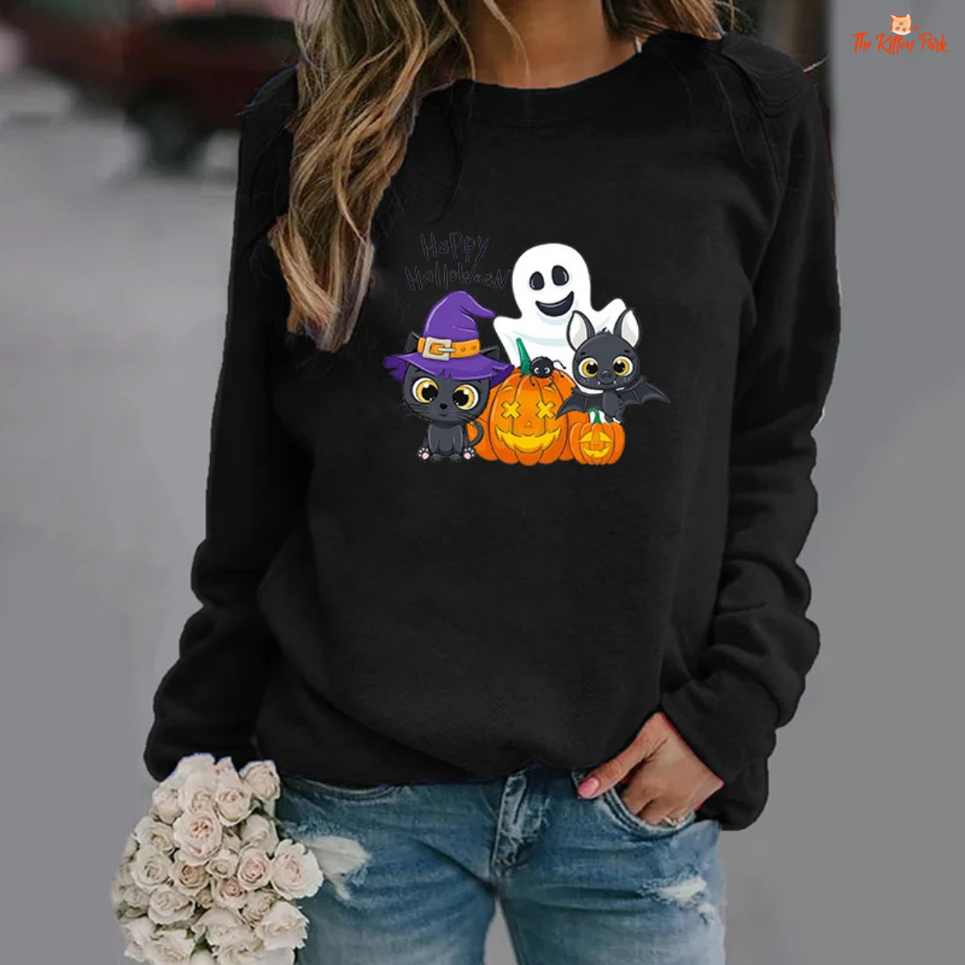 Halloween Cat Pumpkin Bat Ghost Graphic Print Sweatshirt – slim-fit women's pullover with cat, pumpkin, bat and ghost graphic prints and appliques; polyester fabric, O-neck, full sleeves, slight stretch; ideal for autumn and winter casual wear.