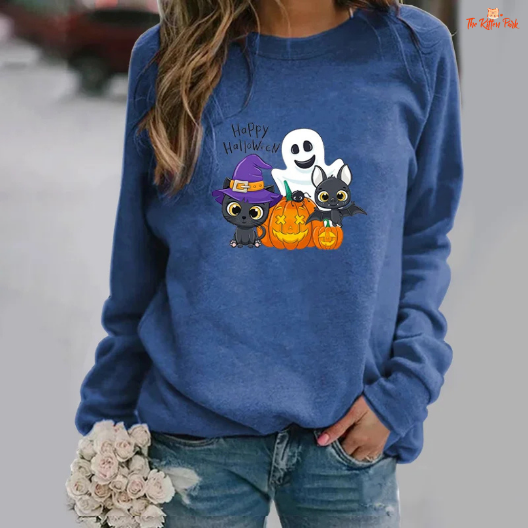 Halloween Cat Pumpkin Bat Ghost Graphic Print Sweatshirt – slim-fit women's pullover with cat, pumpkin, bat and ghost graphic prints and appliques; polyester fabric, O-neck, full sleeves, slight stretch; ideal for autumn and winter casual wear.
