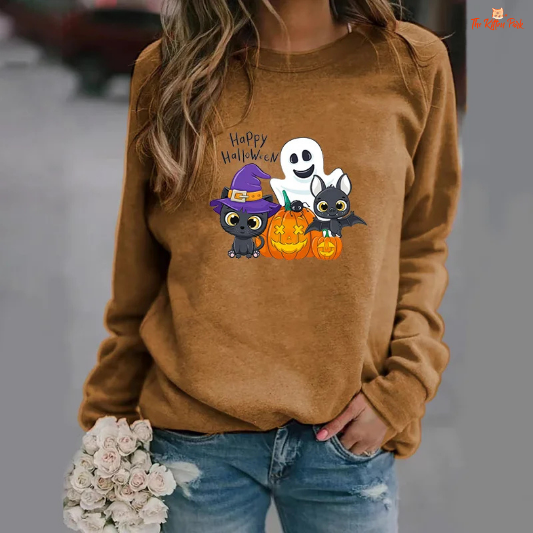 Halloween Cat Pumpkin Bat Ghost Graphic Print Sweatshirt – slim-fit women's pullover with cat, pumpkin, bat and ghost graphic prints and appliques; polyester fabric, O-neck, full sleeves, slight stretch; ideal for autumn and winter casual wear.