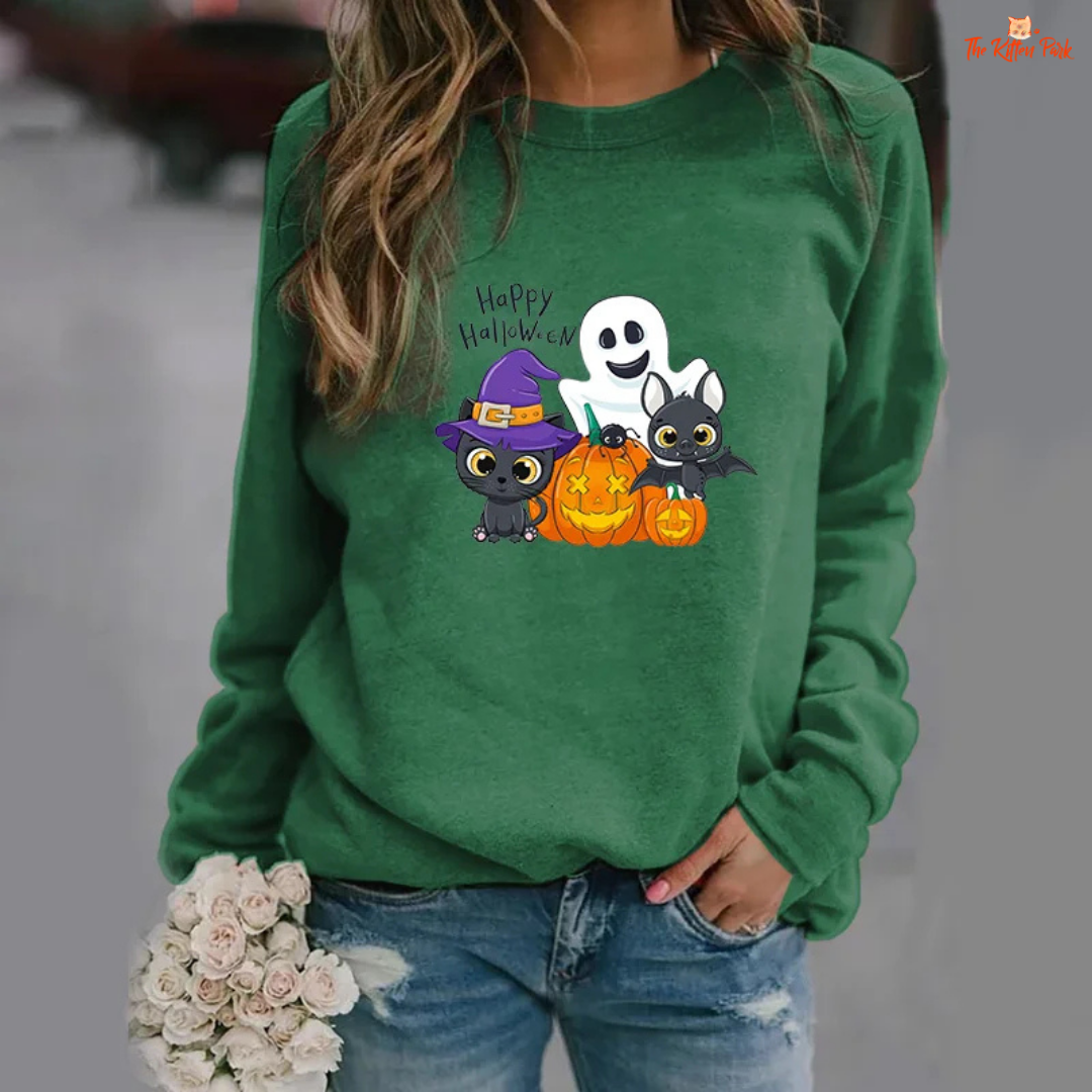 Halloween Cat Pumpkin Bat Ghost Graphic Print Sweatshirt – slim-fit women's pullover with cat, pumpkin, bat and ghost graphic prints and appliques; polyester fabric, O-neck, full sleeves, slight stretch; ideal for autumn and winter casual wear.