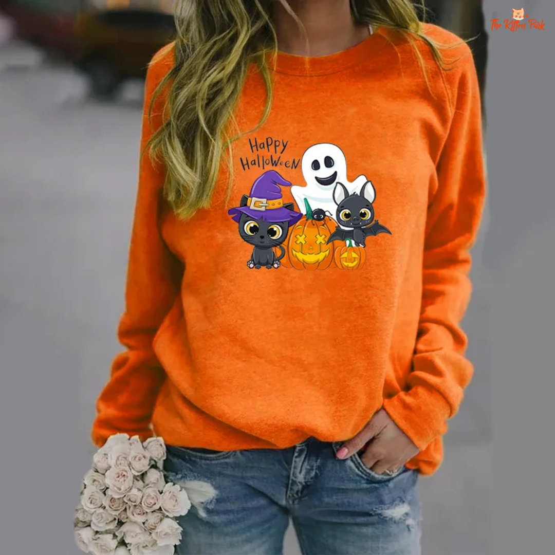 Halloween Cat Pumpkin Bat Ghost Graphic Print Sweatshirt – slim-fit women's pullover with cat, pumpkin, bat and ghost graphic prints and appliques; polyester fabric, O-neck, full sleeves, slight stretch; ideal for autumn and winter casual wear.